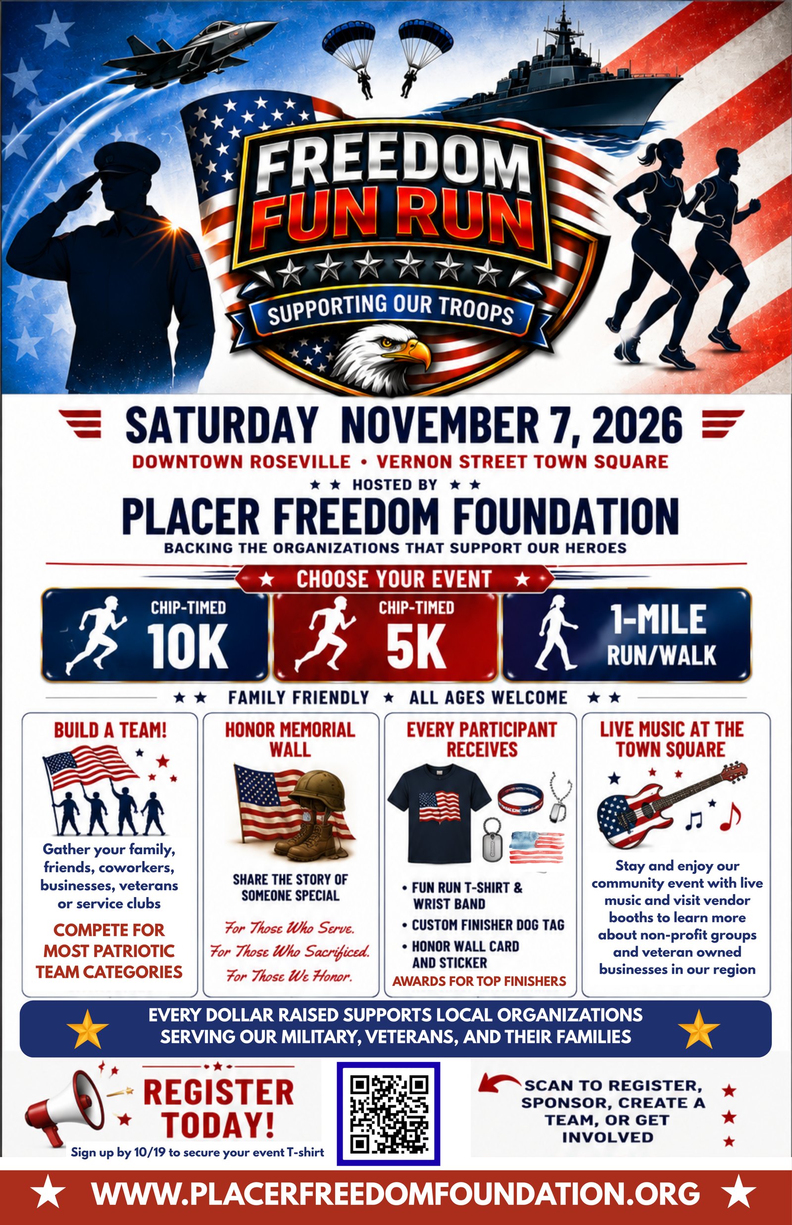 Freedom Fun Run flyer: Saturday, November 7, 2026, Vernon Street Town Square, Roseville